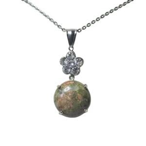 Jasper & Rhinestone Floral Pendant Necklace Natural Stone 316L Stainless Steel